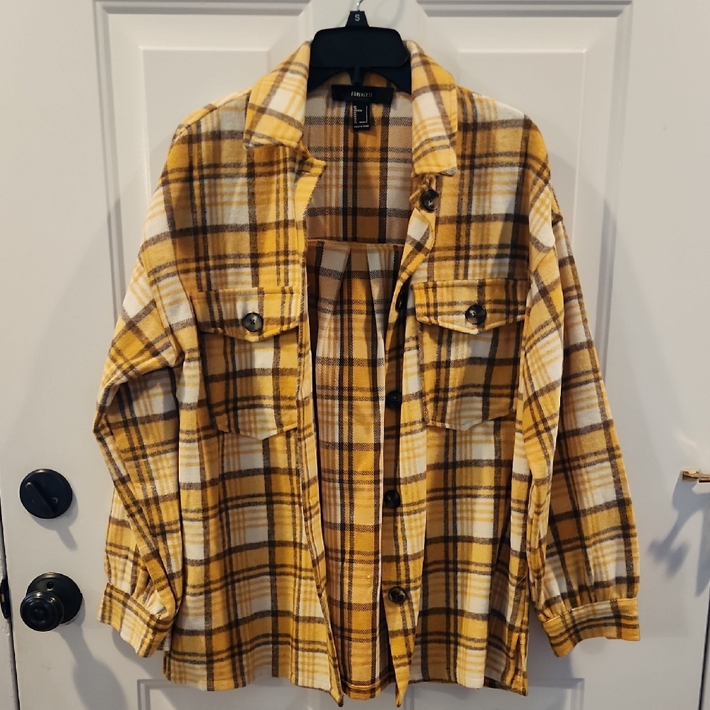 Forever 21 Yellow/Brown/Creamy White Flannel Plaid Top